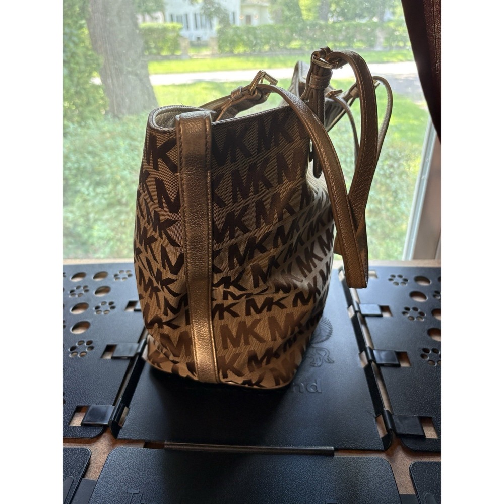 Michael Kors MK Signature Brown Jacquard Tote Shoulder Bag Leather Trim - Picture 3 of 8